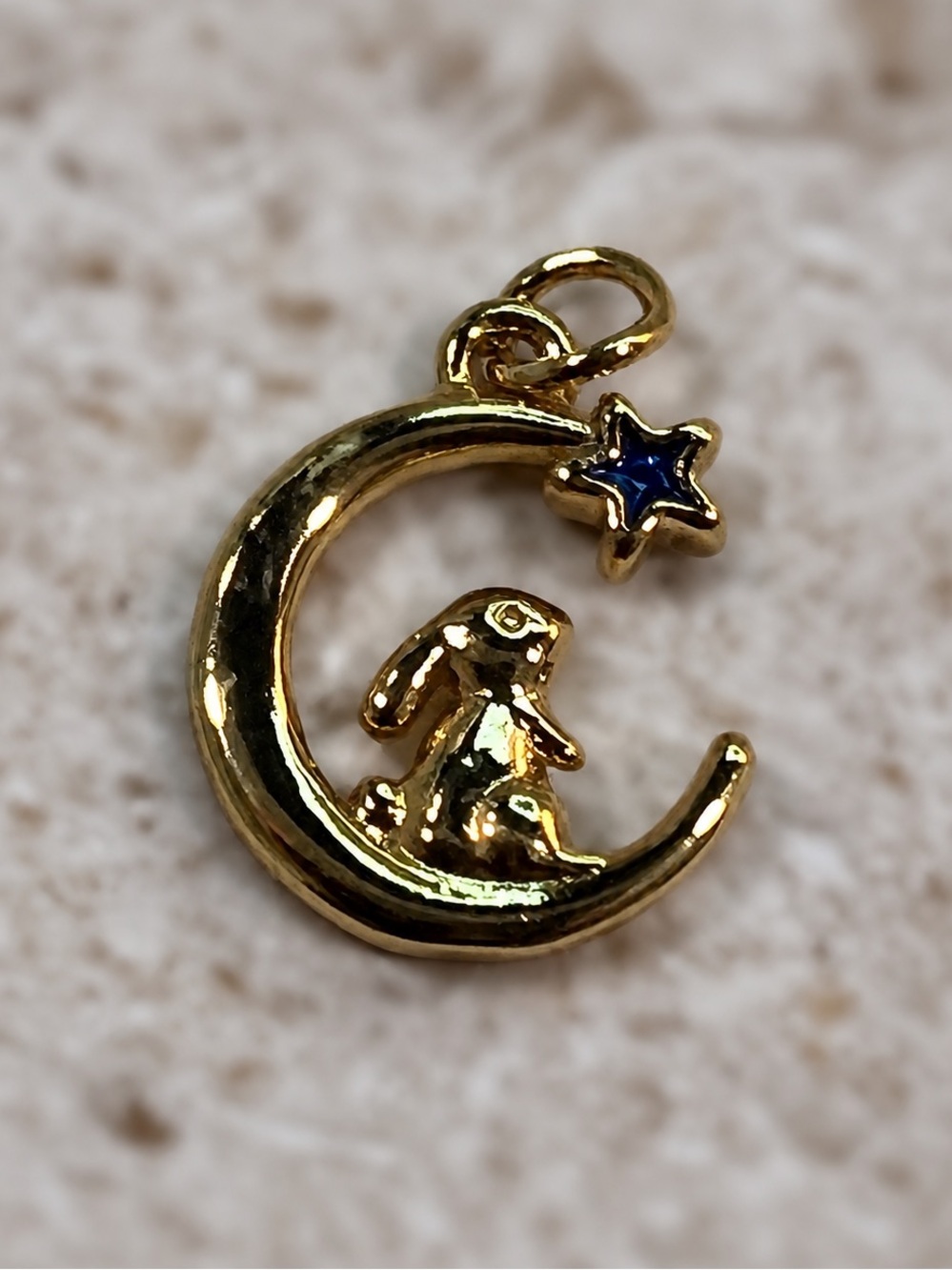Gold Bunny on Crescent Moon Necklace Charm with Blue Star Accent